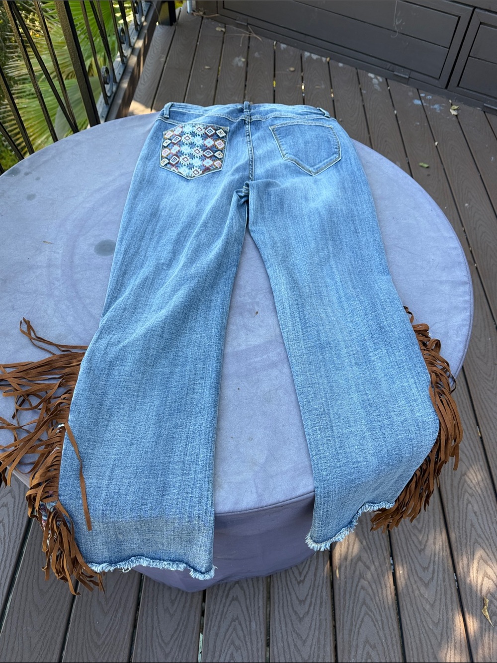 DRIFTWOOD Blue Denim Ankle Jeans with Aztec Trim and Brown Fringe